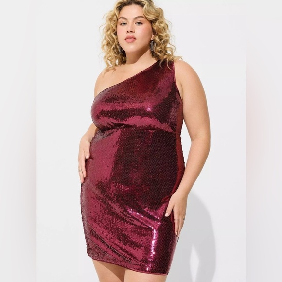 torrid Dresses & Skirts - TORRID Mini Stretch Sequin Shirred One Shoulder Dress
